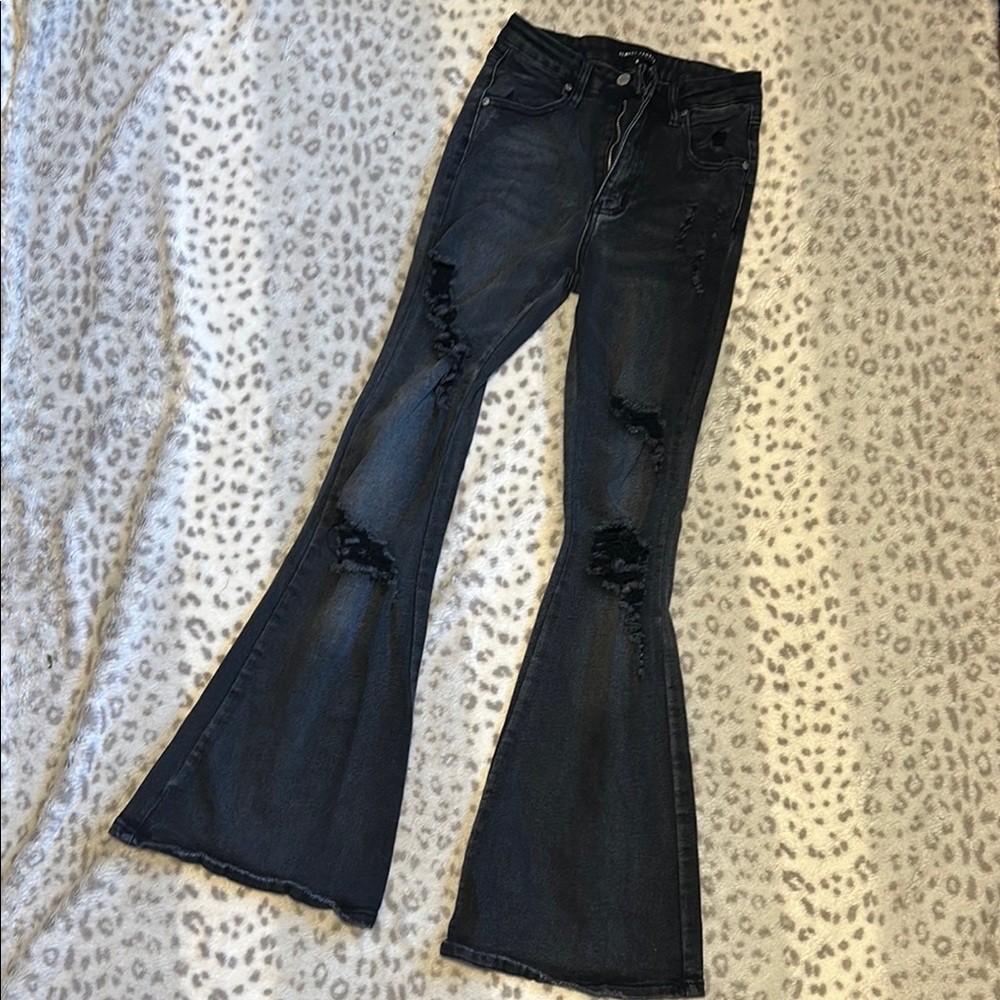 Almost Famous Black Flare Jeans with Distressed Details